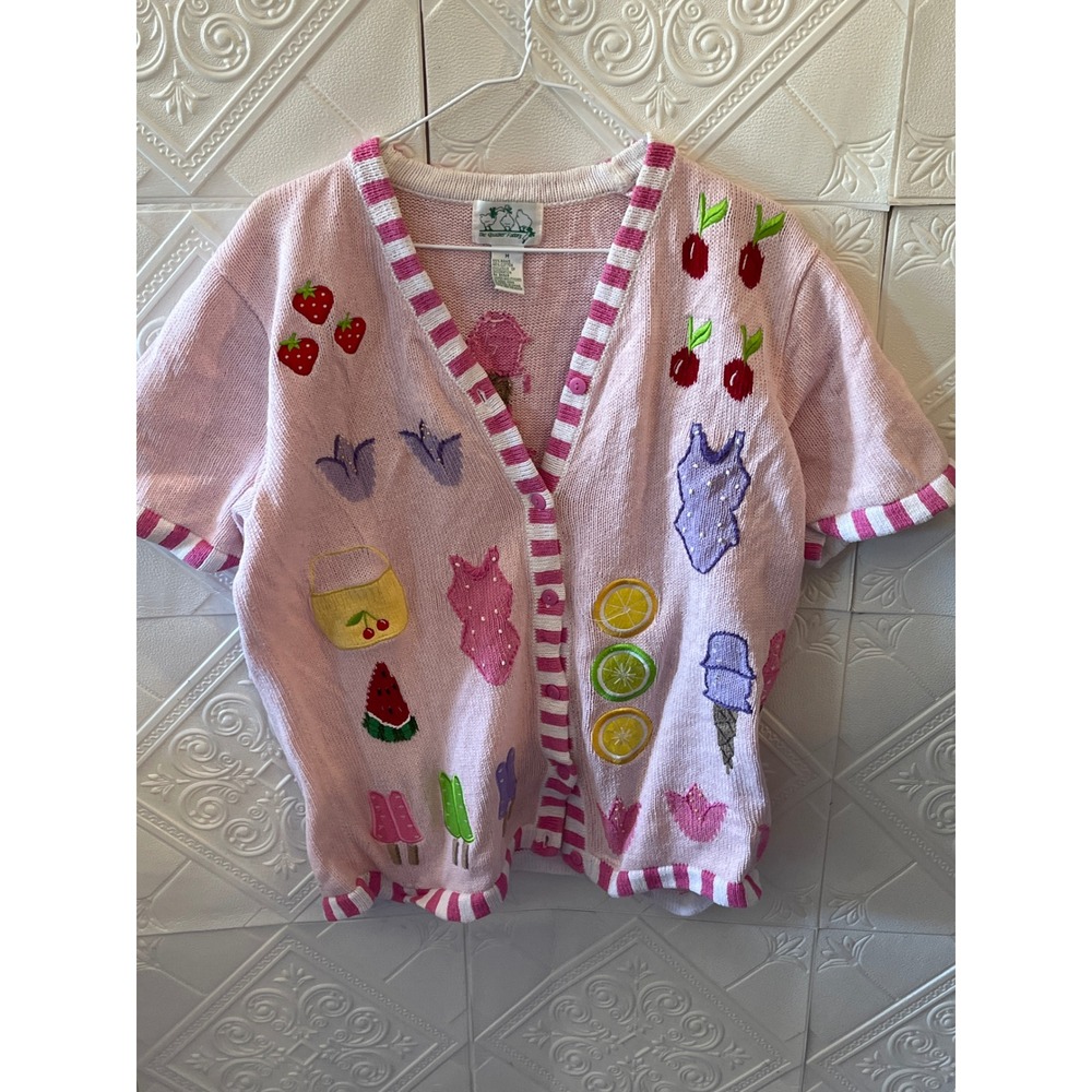 Light Pink Short-Sleeve Embroidered Cardigan Sweater